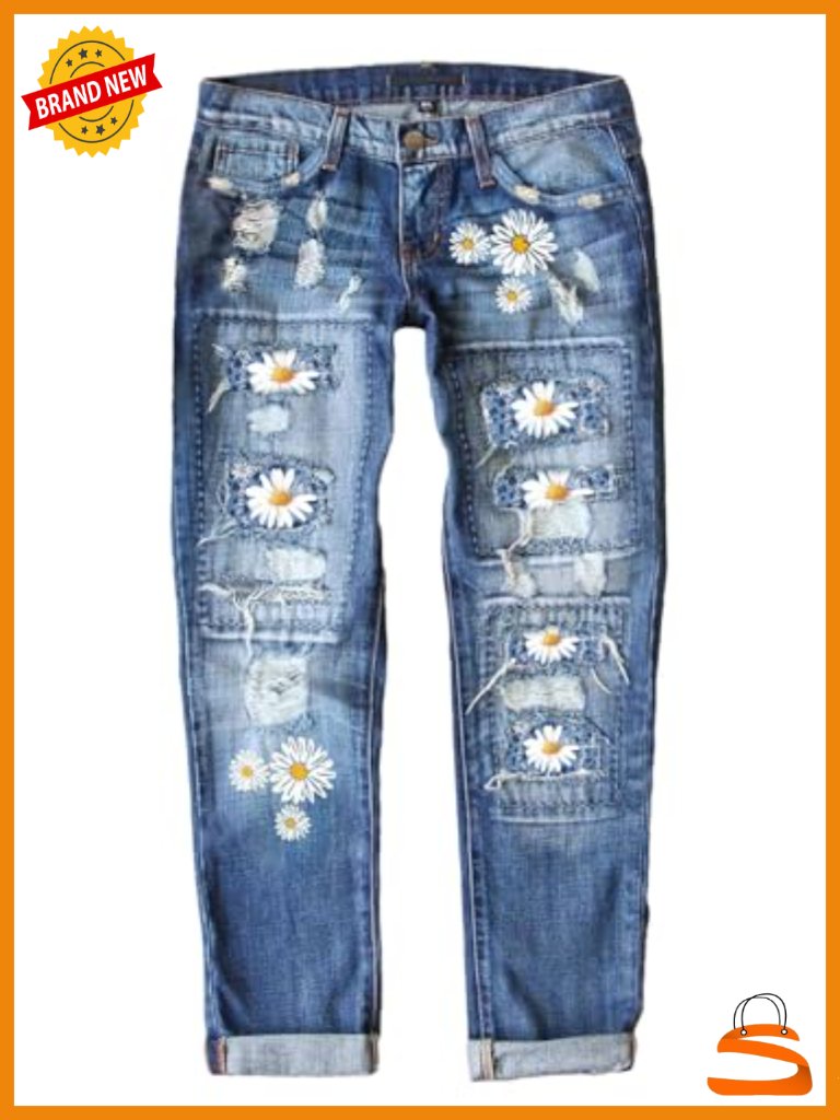 Ripped Jeans For Women Plaid Patch Boyfriend Skinny Distressed Denim Jean Pants